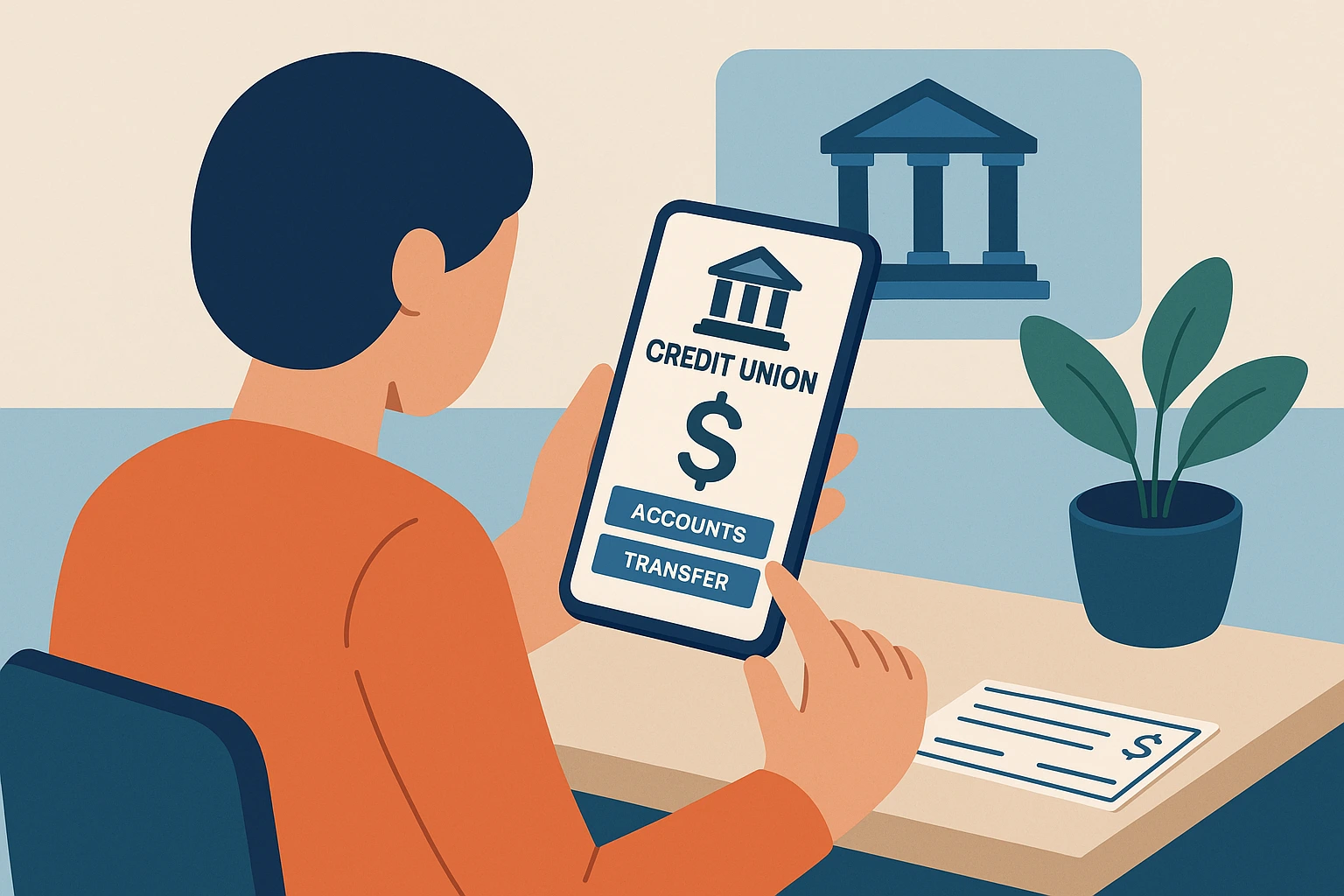 flat illustration of a person using a credit union mobile app for digital banking