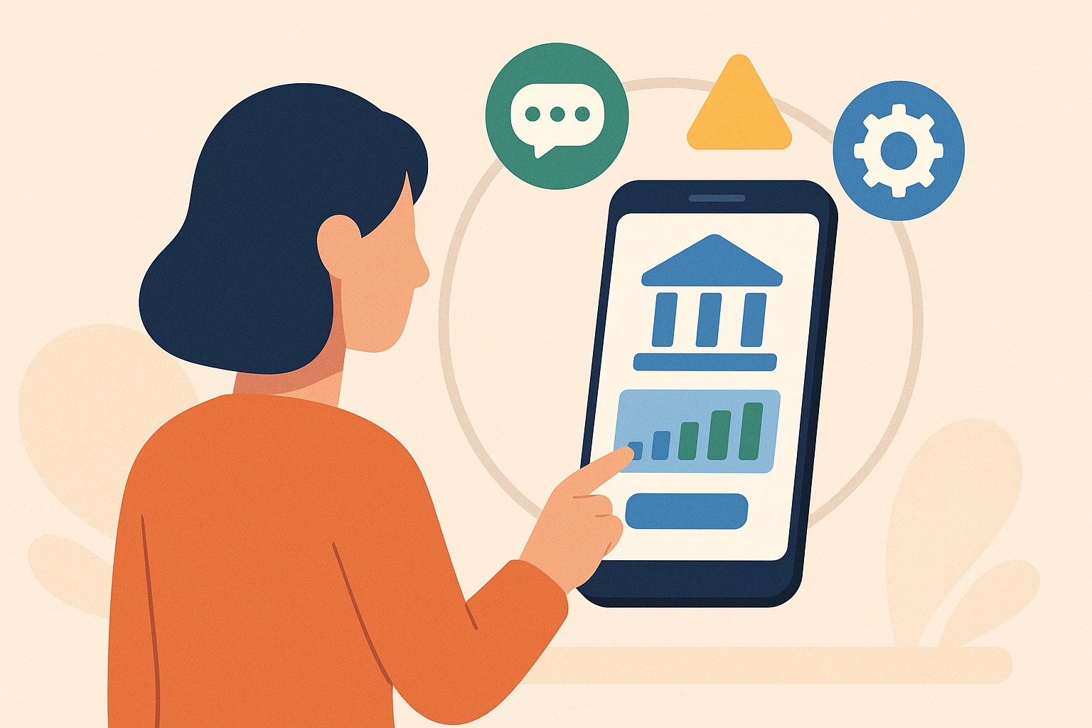 flat illustration of a person using multiple digital banking tools on a mobile app
