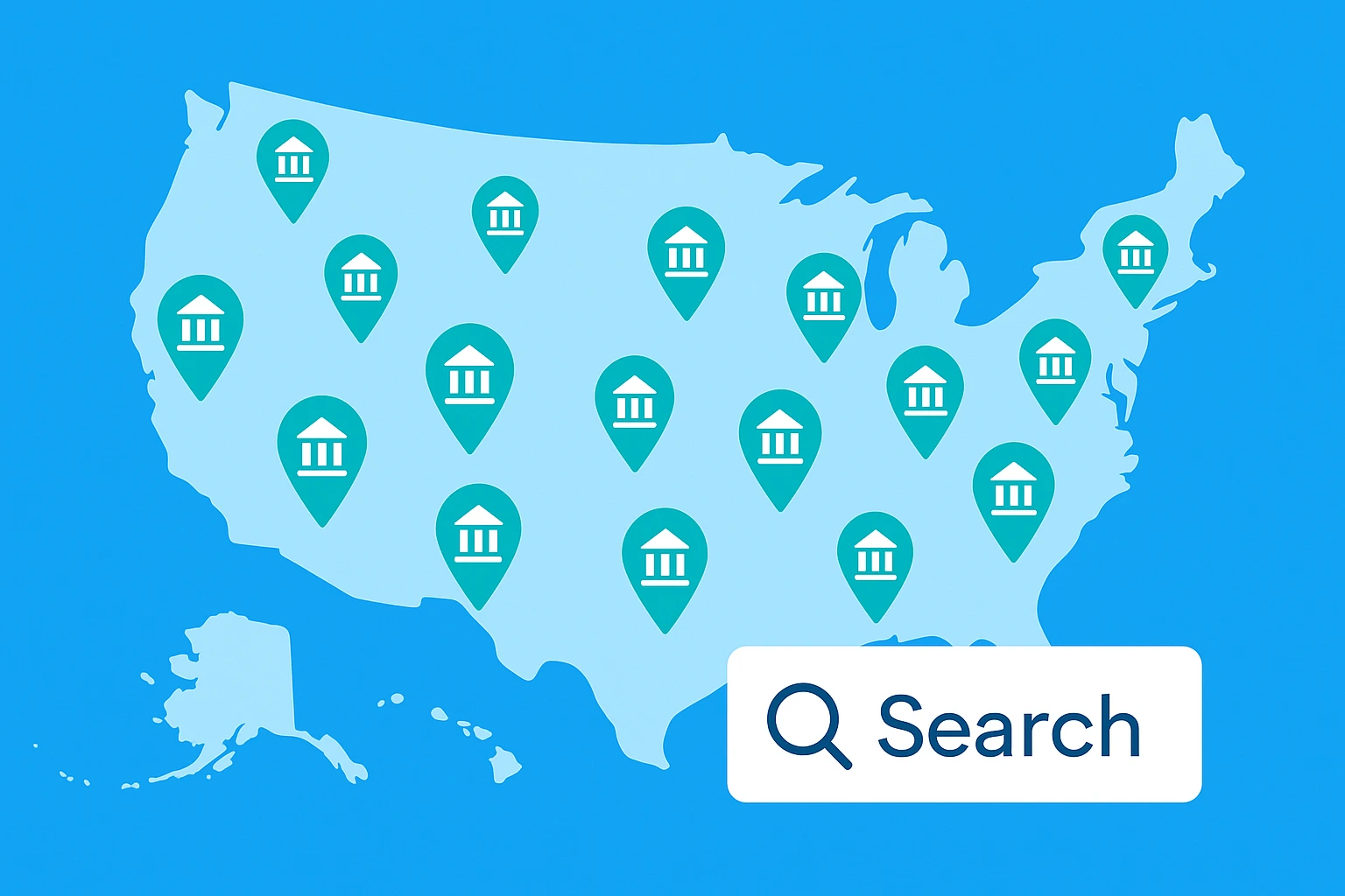illustration of a map with markers representing credit unions across the United States and a search tool interface
