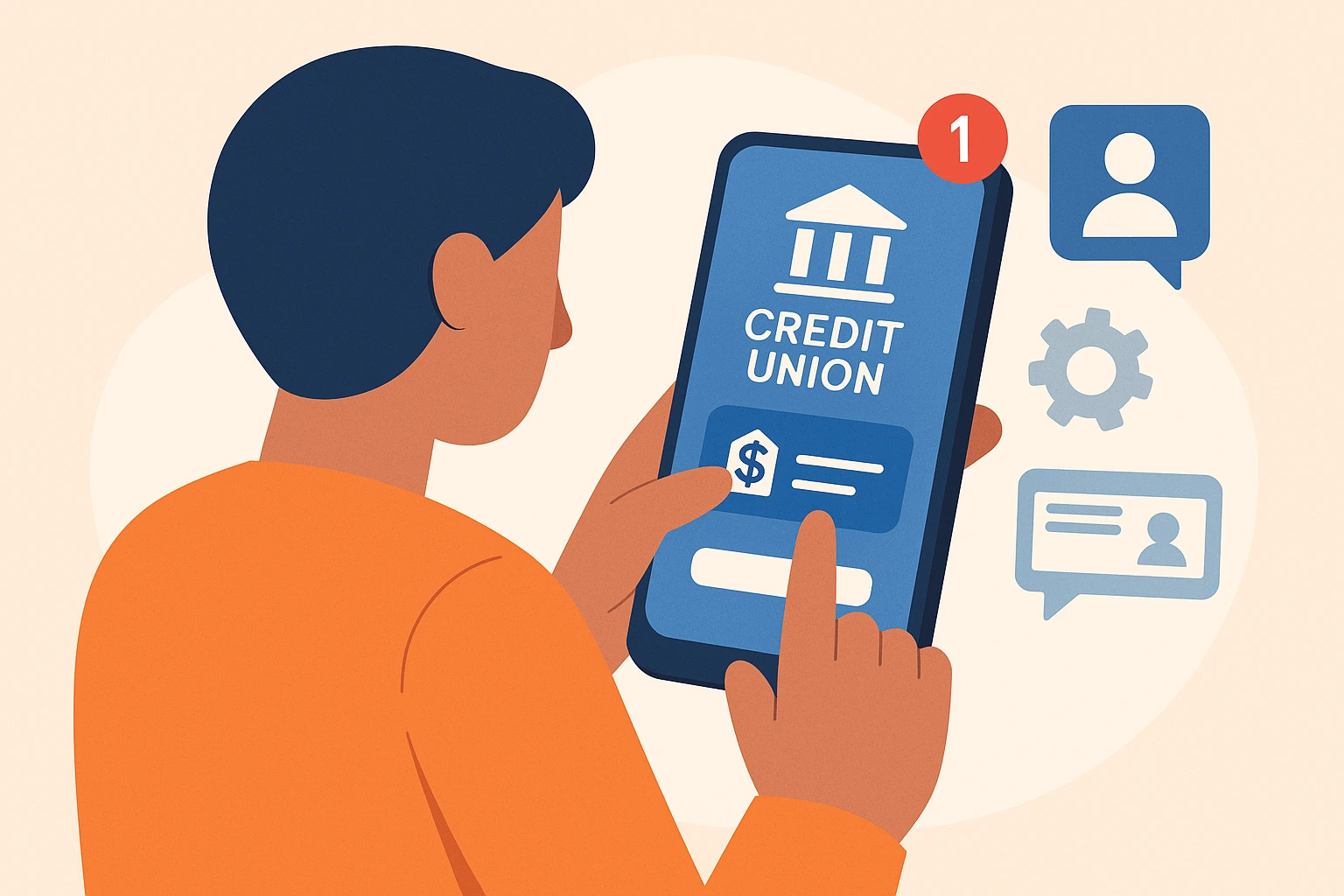 flat illustration of a credit union member using a mobile banking app with support tools and notifications