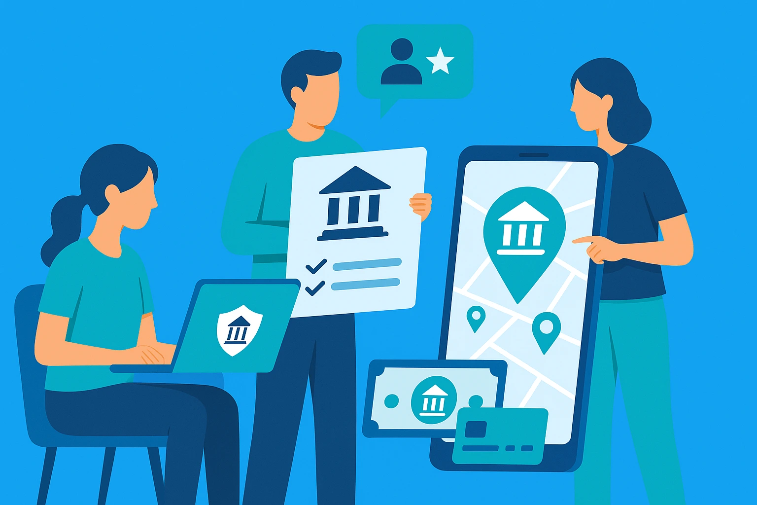 illustration of people comparing credit unions, viewing member benefits, and using an online locator tool